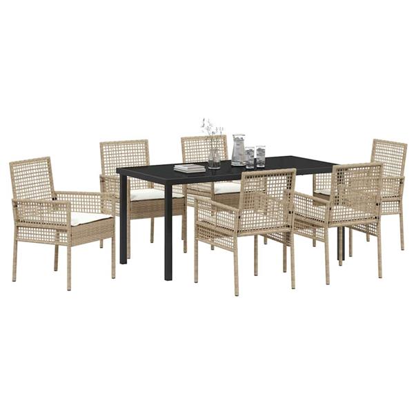 Grote foto vidaxl tuin eetset met kussen 7 pcs beige poly riet tuin en terras tuinmeubelen