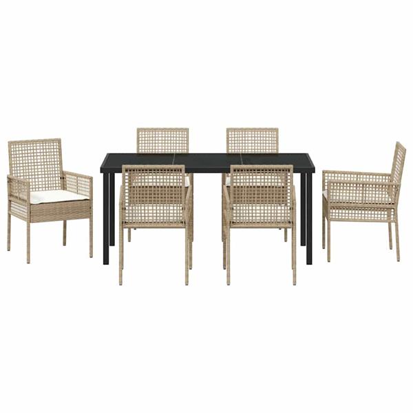 Grote foto vidaxl tuin eetset met kussen 7 pcs beige poly riet tuin en terras tuinmeubelen