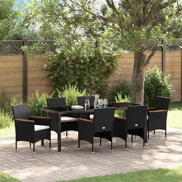 Grote foto vidaxl tuin eetset met kussen 7 pcs zwart poly riet tuin en terras tuinmeubelen