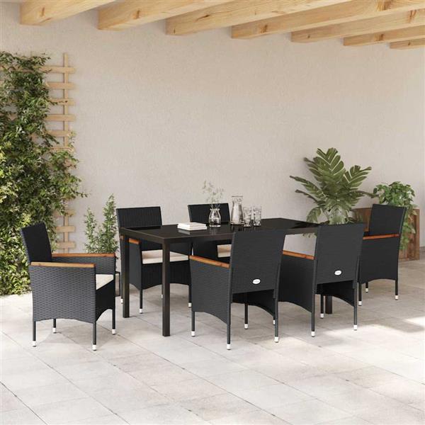 Grote foto vidaxl tuin eetset met kussen 7 pcs zwart poly riet tuin en terras tuinmeubelen