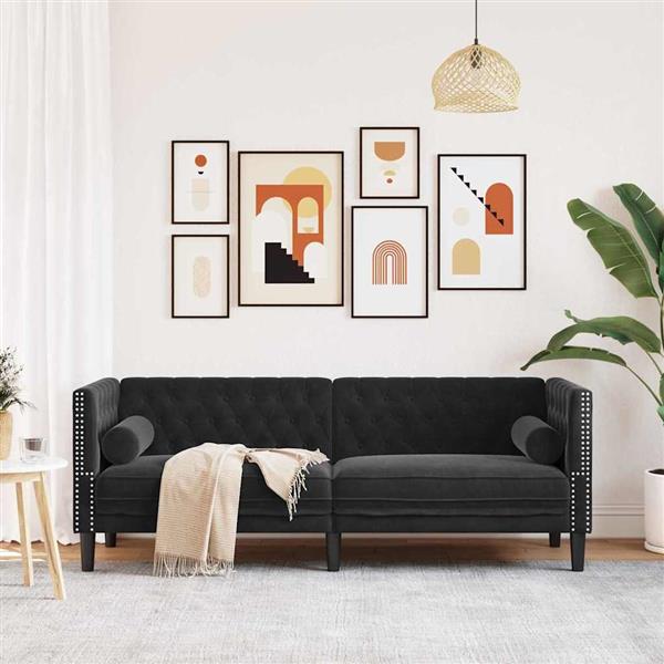 Grote foto vidaxl chesterfieldbank met kussen zwart 194 x 74.5 x 70.5 cm fluweel huis en inrichting bankstellen