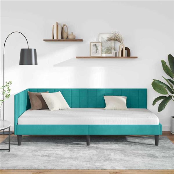 Grote foto vidaxl hoekbedframe met hoofdeinde turquoise 90 cm x 200 cm stof antiek en kunst stoelen en banken