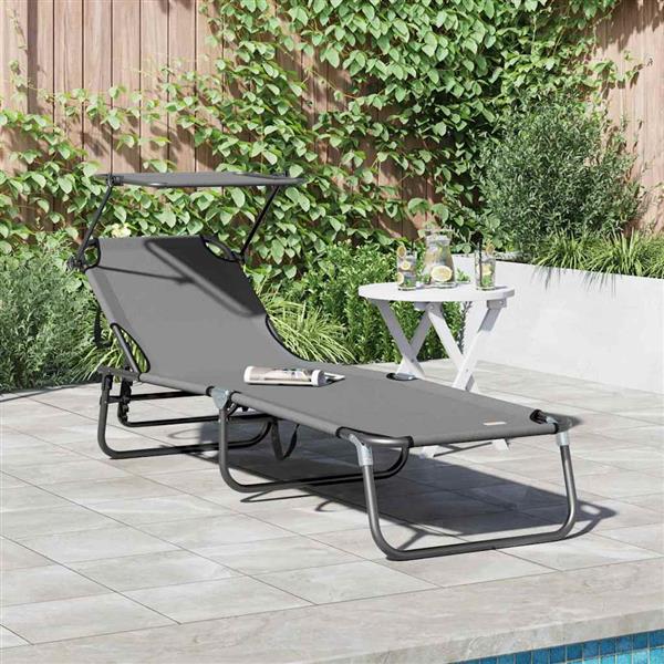 Grote foto vidaxl opvouwbare zonnebed met kussen grijs 56 x 190 x 81cm stof tuin en terras tuinmeubelen