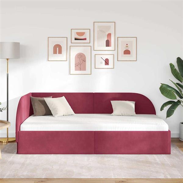 Grote foto vidaxl hoekbedframe met hoofdeinde wijnrood 90 x 200 cm fluweel antiek en kunst stoelen en banken