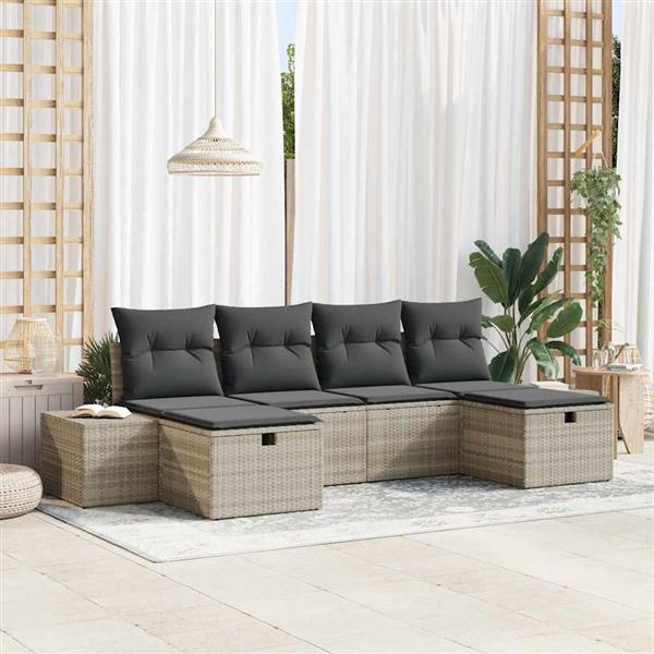 Grote foto vidaxl tuin sofa set met kussen 6 pcs lichtgrijs poly riet tuin en terras tuinmeubelen