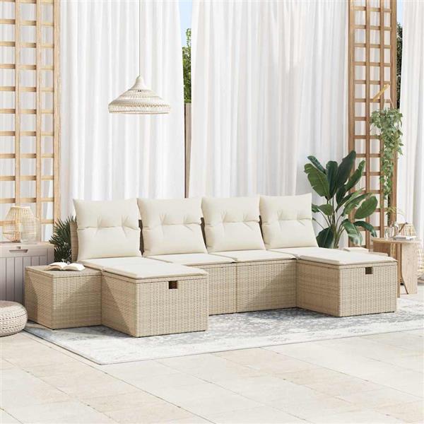 Grote foto vidaxl tuin sofa set met kussen 6 pcs beige poly riet tuin en terras tuinmeubelen