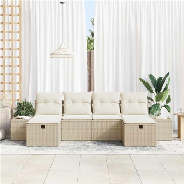 Grote foto vidaxl tuin sofa set met kussen 6 pcs beige poly riet tuin en terras tuinmeubelen