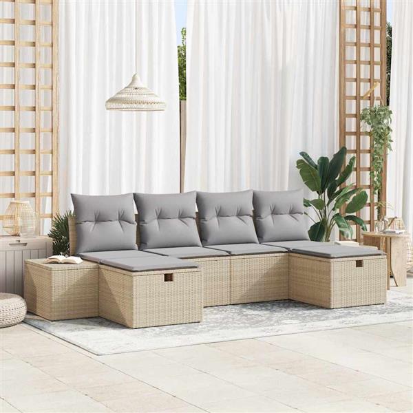 Grote foto vidaxl tuin sofa set met kussen 6 pcs beige poly riet tuin en terras tuinmeubelen
