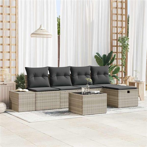 Grote foto vidaxl tuin sofa set met kussen 6 pcs lichtgrijs poly riet tuin en terras tuinmeubelen