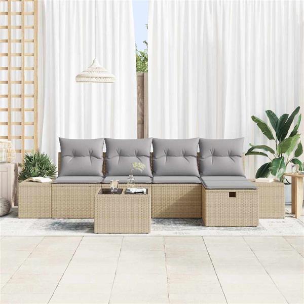 Grote foto vidaxl tuin sofa set met kussen 6 pcs beige poly riet tuin en terras tuinmeubelen