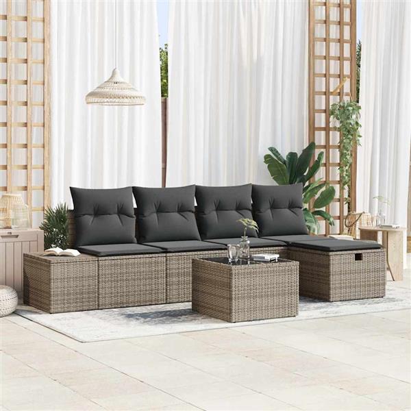 Grote foto vidaxl tuin sofa set met kussen 6 pcs grijs poly riet tuin en terras tuinmeubelen