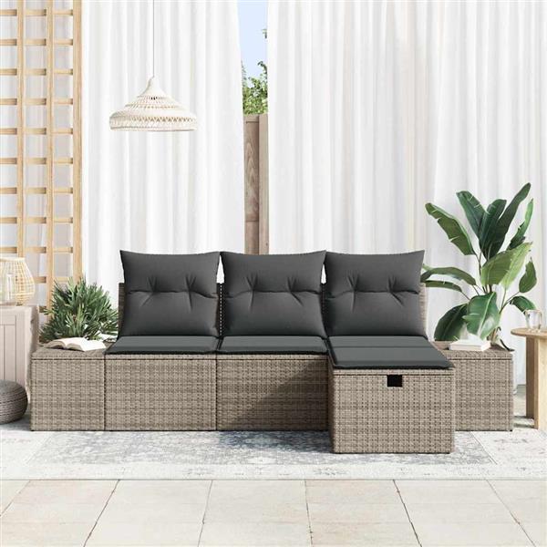 Grote foto vidaxl tuin sofa set met kussen 4 pcs grijs poly riet tuin en terras tuinmeubelen