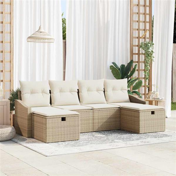 Grote foto vidaxl tuin sofa set met kussen 6 pcs beige poly riet tuin en terras tuinmeubelen