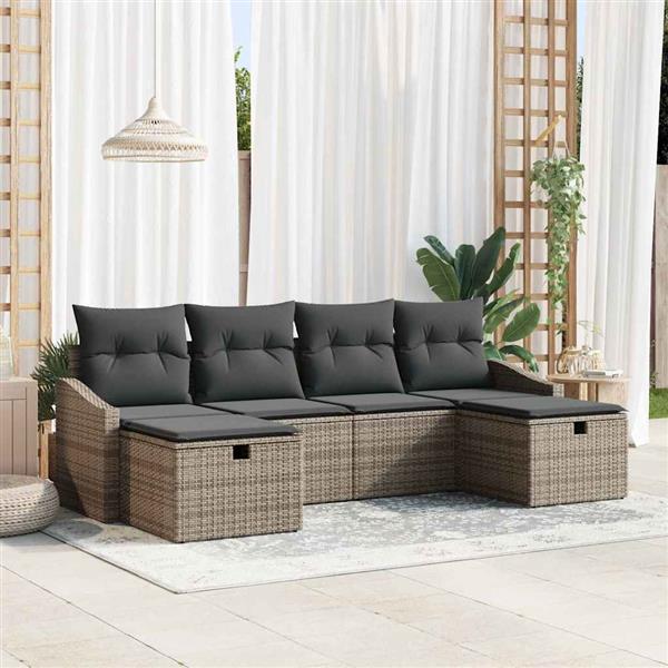 Grote foto vidaxl tuin sofa set met kussen 6 pcs grijs poly riet tuin en terras tuinmeubelen
