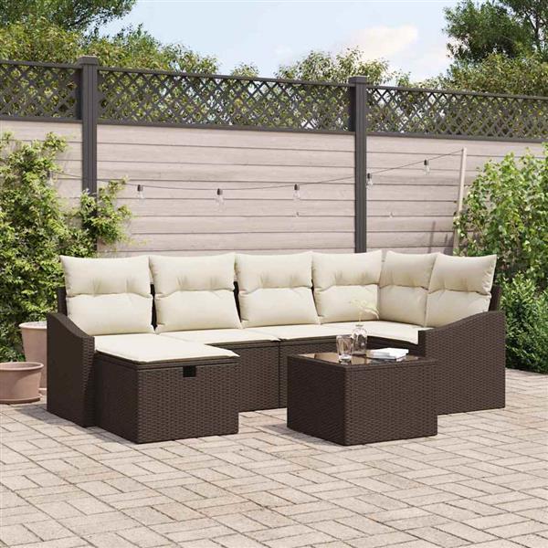 Grote foto vidaxl tuin sofa set met kussen met opslag 7 pcs bruin en cr me tuin en terras tuinmeubelen