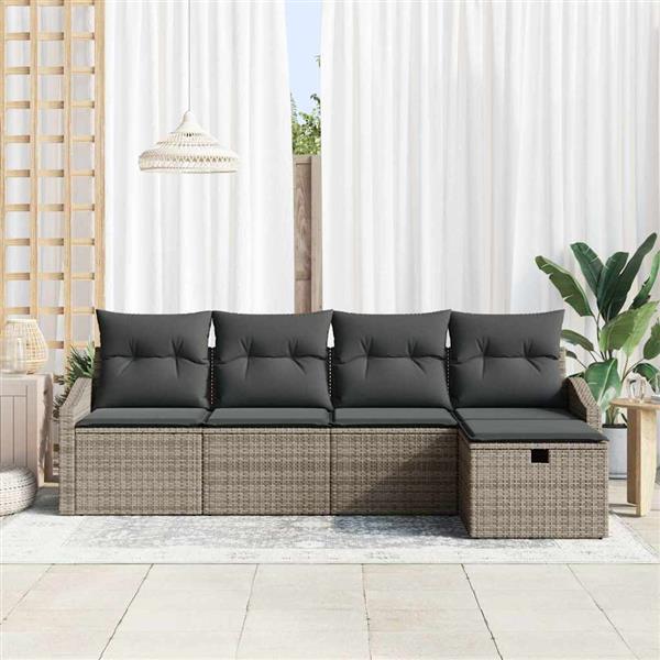 Grote foto vidaxl tuin sofa set met kussen 5 pcs grijs poly riet tuin en terras tuinmeubelen