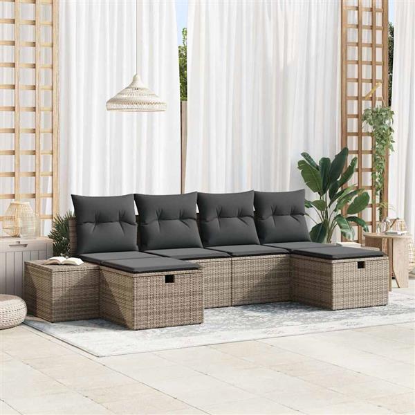 Grote foto vidaxl tuin sofa set met kussen 6 pcs grijs poly riet tuin en terras tuinmeubelen