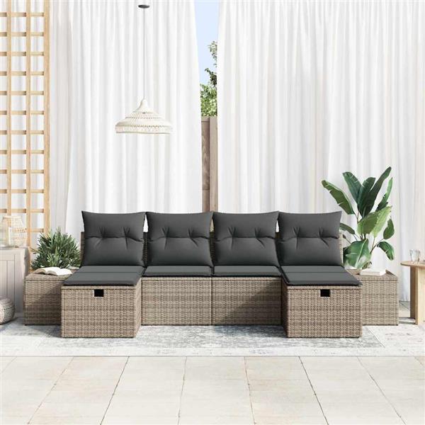 Grote foto vidaxl tuin sofa set met kussen 6 pcs grijs poly riet tuin en terras tuinmeubelen