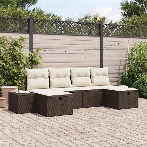 Grote foto vidaxl tuin sofa set met kussen 6 pcs bruin poly riet tuin en terras tuinmeubelen