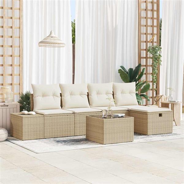 Grote foto vidaxl tuin sofa set met kussen 6 pcs beige poly riet tuin en terras tuinmeubelen
