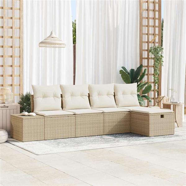 Grote foto vidaxl tuin sofa set met kussen 5 pcs beige poly riet tuin en terras tuinmeubelen