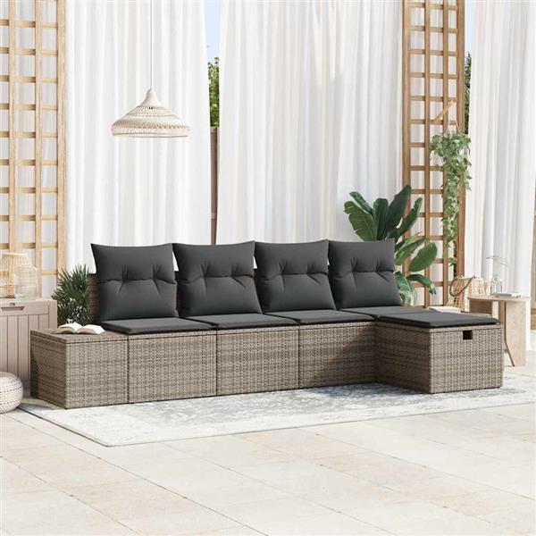 Grote foto vidaxl tuin sofa set met kussen 5 pcs grijs poly riet tuin en terras tuinmeubelen