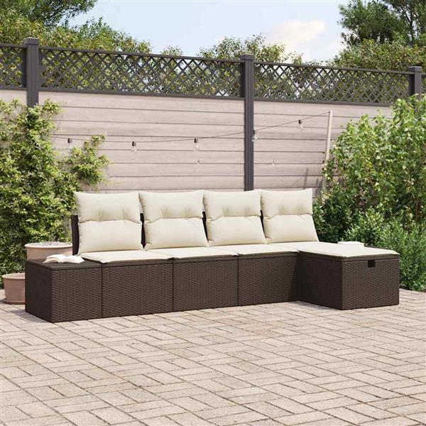 Grote foto vidaxl tuin sofa set met kussen 5 pcs bruin poly riet tuin en terras tuinmeubelen