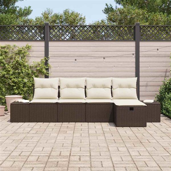 Grote foto vidaxl tuin sofa set met kussen 5 pcs bruin poly riet tuin en terras tuinmeubelen