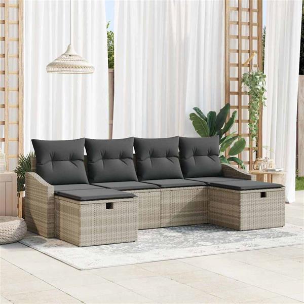 Grote foto vidaxl tuin sofa set met kussen 6 pcs lichtgrijs poly riet tuin en terras tuinmeubelen