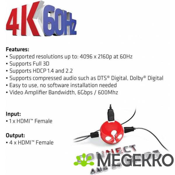Grote foto club3d hdmi 2.0 uhd splitter 4 ports computers en software videokaarten
