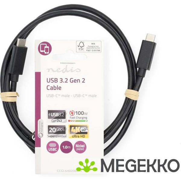 Grote foto nedis usb 3.2 gen 2x2 20gbps 100w usb type c 1m zwart computers en software overige computers en software