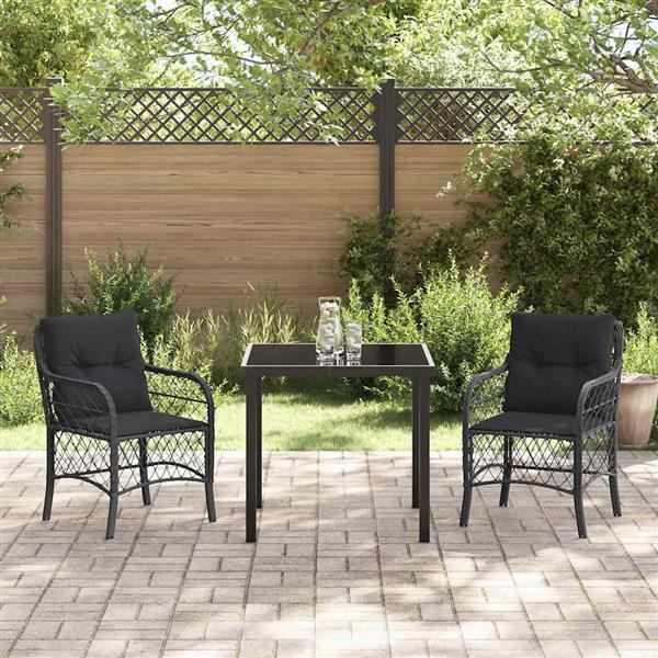 Grote foto vidaxl tuin eetset met kussen 3 pcs zwart poly riet tuin en terras tuinmeubelen