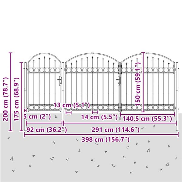 Grote foto vidaxl tuinhekgate met gebogen top grijs 400 x 100 cm staal tuin en terras hekken en schuttingen