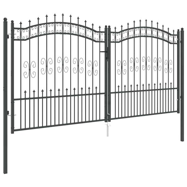 Grote foto vidaxl hekpoort met spear boven met slot grijs 305 x 150 cm staal tuin en terras hekken en schuttingen