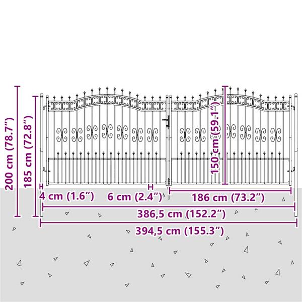 Grote foto vidaxl hekpoort met spear boven met slot grijs 404 x 150 cm staal tuin en terras hekken en schuttingen