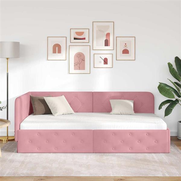 Grote foto vidaxl hoekbedframe met hoofdeinde roze 90 x 190 cm fluweel antiek en kunst stoelen en banken