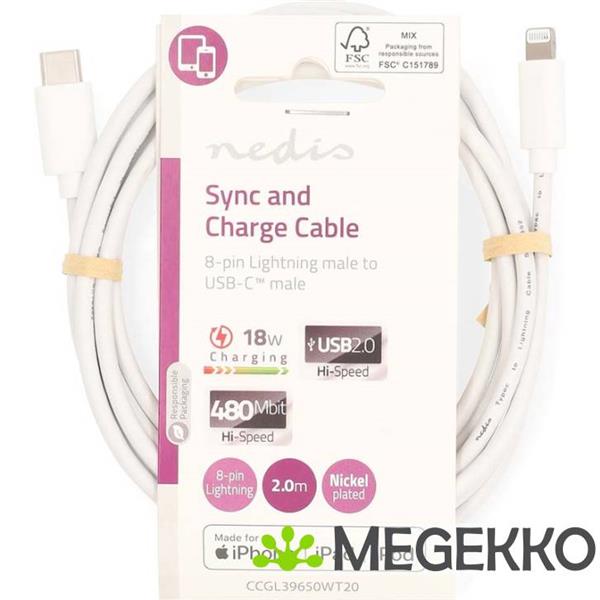 Grote foto lightning kabel usb 2.0 apple lightning 8 pins usb c male 480 mbps vernikkeld 2.00 m computers en software overige computers en software