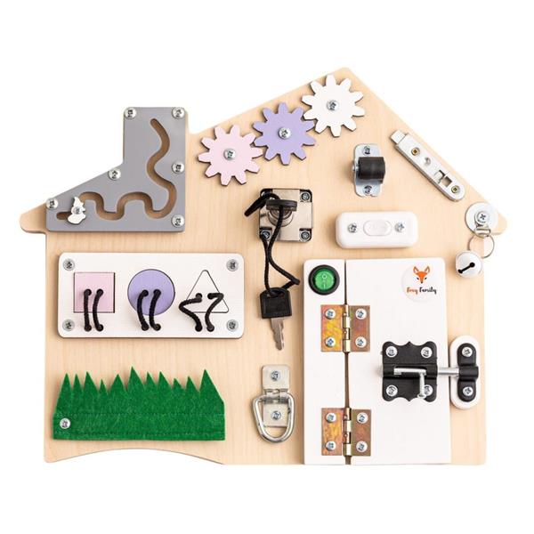 Grote foto sensorisch busy bord huisje activiteitenbord mintgroen blauw kinderen en baby overige