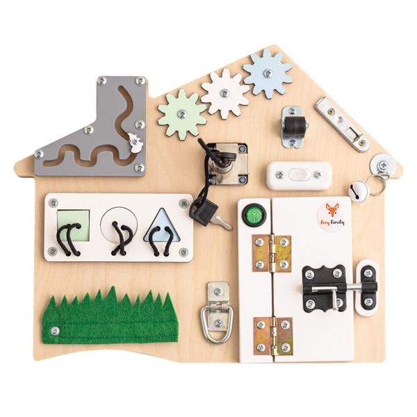 Grote foto sensorisch busy bord huisje activiteitenbord mintgroen blauw kinderen en baby overige