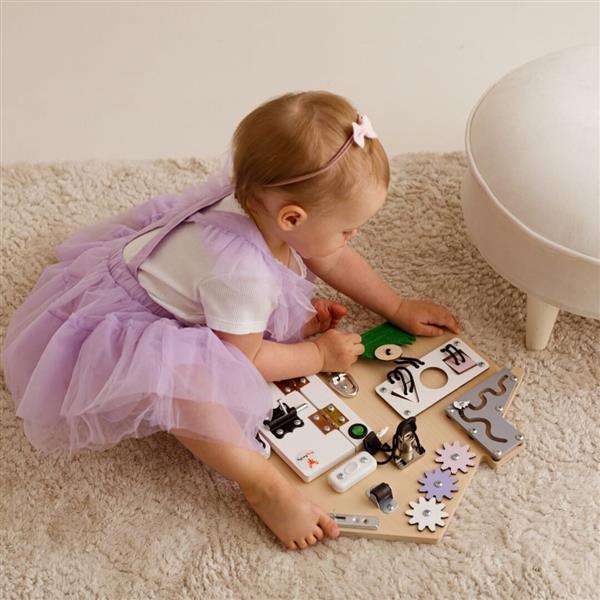 Grote foto sensorisch busy bord huisje activiteitenbord mintgroen blauw kinderen en baby overige