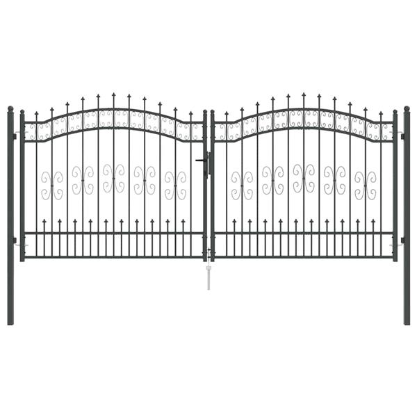 Grote foto vidaxl hekpoort met spear boven met slot grijs 305 x 125 cm staal tuin en terras hekken en schuttingen