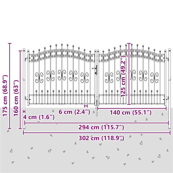 Grote foto vidaxl hekpoort met spear boven met slot grijs 305 x 125 cm staal tuin en terras hekken en schuttingen