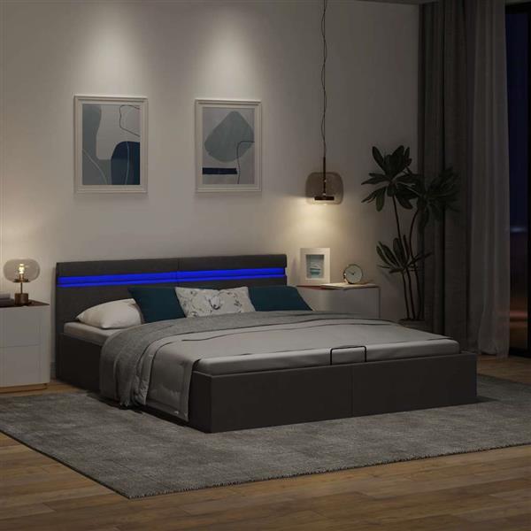 Grote foto vidaxl bedframe met opbergruimte en led stof donkergrijs 160x200 cm antiek en kunst stoelen en banken