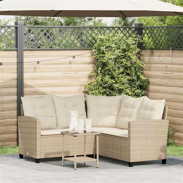 Grote foto vidaxl tuinbank met tafel en kussens l vormig beige poly rattan tuin en terras tuinmeubelen