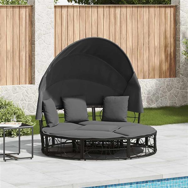Grote foto vidaxl loungebed met luifel en kussens poly rattan zwart tuin en terras tuinmeubelen
