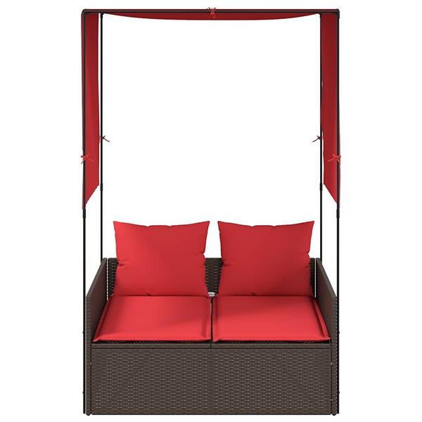 Grote foto vidaxl dubbele ligstoel met dak en gordijnen bruin polyrotan tuin en terras tuinmeubelen