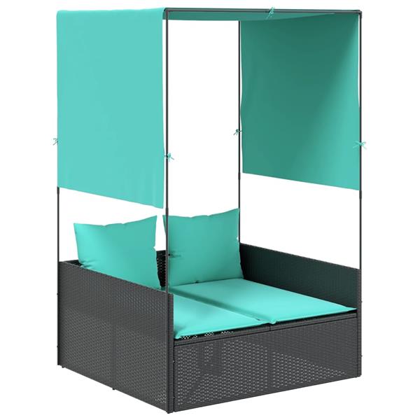 Grote foto vidaxl dubbele ligstoel met dak en gordijnen zwart polyrotan tuin en terras tuinmeubelen