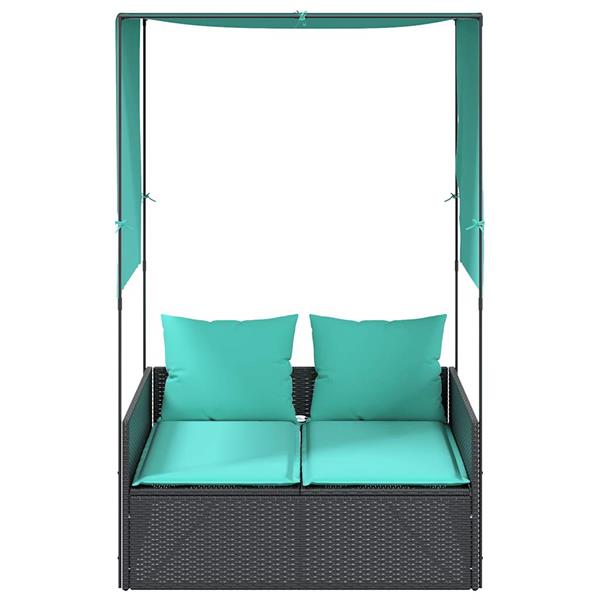 Grote foto vidaxl dubbele ligstoel met dak en gordijnen zwart polyrotan tuin en terras tuinmeubelen