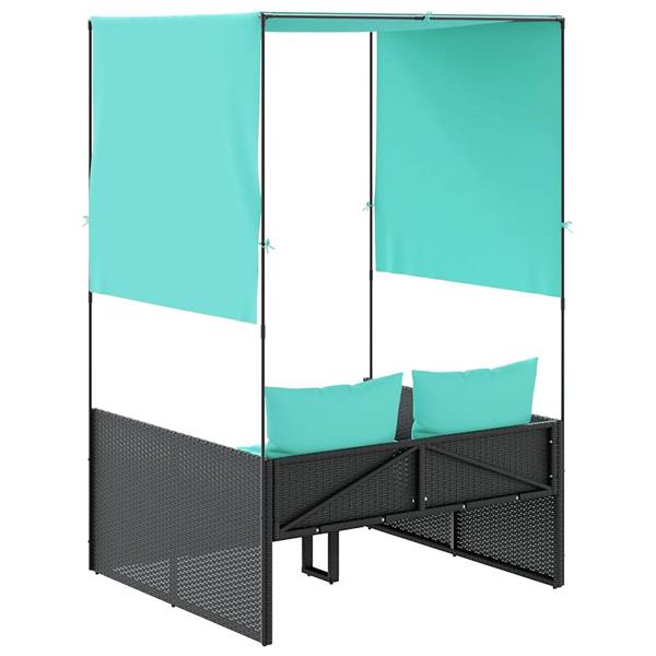 Grote foto vidaxl dubbele ligstoel met dak en gordijnen zwart polyrotan tuin en terras tuinmeubelen