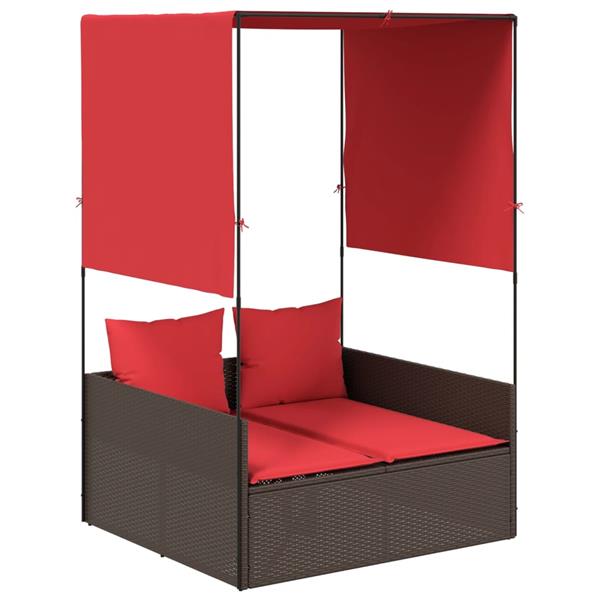 Grote foto vidaxl dubbele ligstoel met dak en gordijnen bruin polyrotan tuin en terras tuinmeubelen